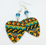 MultiColor Aztec Tribal Print Guitar Pick Earrings with Blue Swarovski Crystals