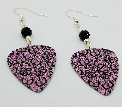 Black and Pink Lace with Butterflies and Flowers Guitar Pick Earrings with Black Pave Beads