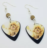 Tan Fluffy Poodle Guitar Pick Earrings with Tan Pave Beads
