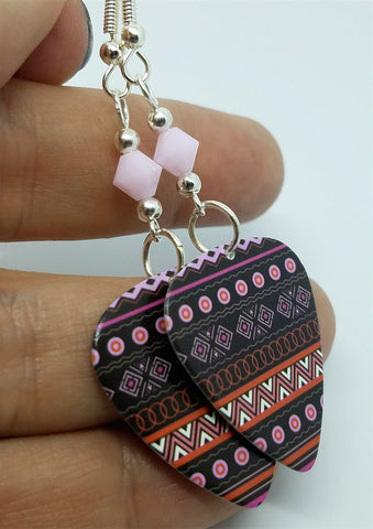 Pink and Black Patterned Guitar Pick Earrings with Pink Alabaster Swarovski Crystals