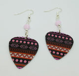 Pink and Black Patterned Guitar Pick Earrings with Pink Alabaster Swarovski Crystals