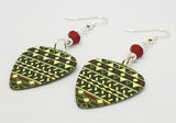 Green, Red and Off White Tribal Print Guitar Pick Earrings with Red Swarovski Crystals