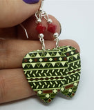Green, Red and Off White Tribal Print Guitar Pick Earrings with Red Swarovski Crystals