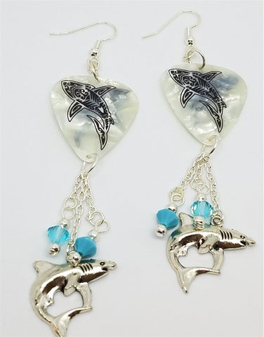 Tribal Shark White MOP Guitar Pick Earrings with Swarovski Crystal and Silver Charm Dangles