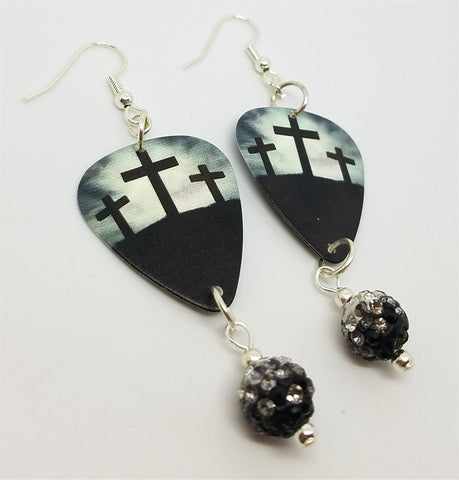 Three Crosses Guitar Pick Earrings with Black Ombre Pave Dangles