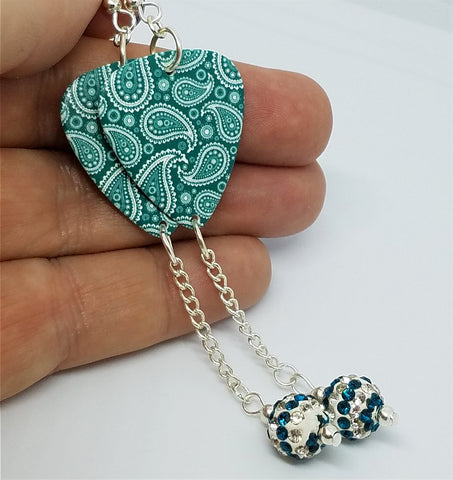 Teal Paisley Guitar Pick Earrings with Teal and White Striped Pave Bead Dangles