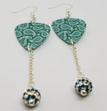 Teal Paisley Guitar Pick Earrings with Teal and White Striped Pave Bead Dangles