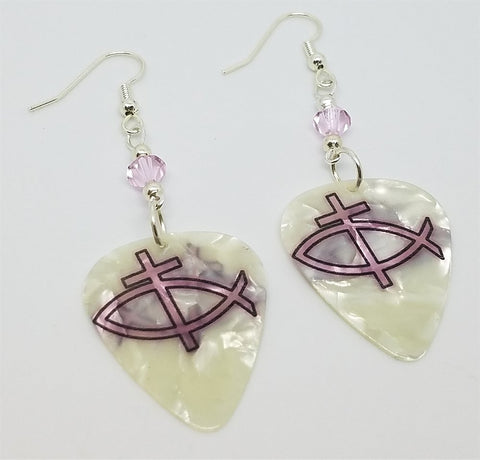 Christian Fish and Cross Guitar Pick Earrings with Pink Swarovski Crystals
