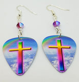 Rainbow Colored Cross Guitar Pick Earrings with Fuchsia AB Crystals