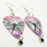 Dragonfly Guitar Pick Earrings with Teal Crystal Charms