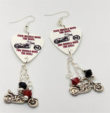 Motorcycles Move Your Soul Guitar Pick Earrings with Motorcycle Charm and Swarovski Crystal Dangles