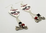 Motorcycles Move Your Soul Guitar Pick Earrings with Motorcycle Charm and Swarovski Crystal Dangles