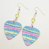 Pastel Tribal Patterned Guitar Pick Earrings with Pale Yellow Swarovski Crystals
