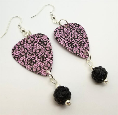 Black and Pink Lace with Butterflies and Flowers Guitar Pick Earrings with Black Pave Bead Dangles