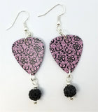 Black and Pink Lace with Butterflies and Flowers Guitar Pick Earrings with Black Pave Bead Dangles