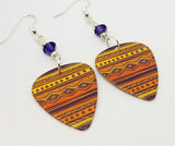 Orange and Purple Tribal Patterned Guitar Pick Earrings with Purple Swarovski Crystals