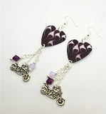 Purple Hot Rod Flames Guitar Pick Earrings with Motorcycle Charm and Swarovski Crystal Dangles