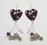 Purple Hot Rod Flames Guitar Pick Earrings with Motorcycle Charm and Swarovski Crystal Dangles