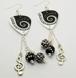 Piano Keys and Sheet Music Guitar Pick Earrings with Clef Charm and Pave Bead Dangles