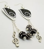 Piano Keys and Sheet Music Guitar Pick Earrings with Clef Charm and Pave Bead Dangles