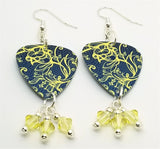 Yellow Floral Pattern on Blue Guitar Pick Earrings with Pale Yellow Swarovski Crystal Dangles