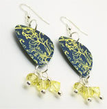 Yellow Floral Pattern on Blue Guitar Pick Earrings with Pale Yellow Swarovski Crystal Dangles