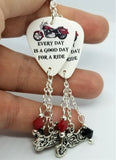 Everyday Is A Good Day For A Ride Guitar Pick Earrings with Motorcycle Charm and Swarovski Crystal Dangles