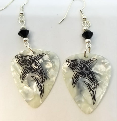 Tribal Shark White MOP Guitar Pick Earrings with Black Swarovski Crystals