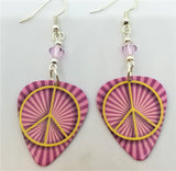 Yellow Peace Sign on Pink Striped Background Guitar Pick Earrings with Pink Swarovski Crystals