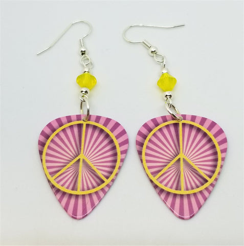 Yellow Peace Sign on Pink Striped Background Guitar Pick Earrings with Yellow Swarovski Crystals
