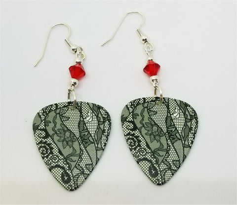 Black Lace Flowers Guitar Pick Earrings with Red Swarovski Crystals