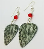 Black Lace Flowers Guitar Pick Earrings with Red Swarovski Crystals