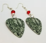 Black Lace Flowers Guitar Pick Earrings with Red Swarovski Crystals