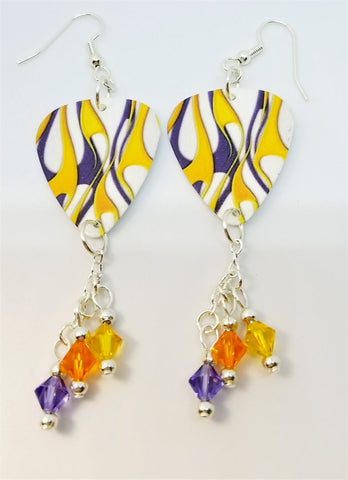 Purple and Yellow Hot Rod Flame Guitar Pick Earrings with Swarovski Crystal Dangles