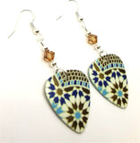 Blue and Brown Mosaic Tile Style Print Guitar Pick Earrings with Smoked Topaz Swarovski Crystals