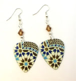 Blue and Brown Mosaic Tile Style Print Guitar Pick Earrings with Smoked Topaz Swarovski Crystals