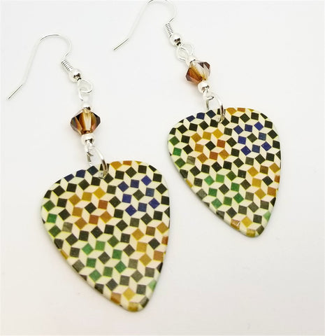 Mosaic Tile Style Print Guitar Pick Earrings with Smoked Topaz Swarovski Crystals