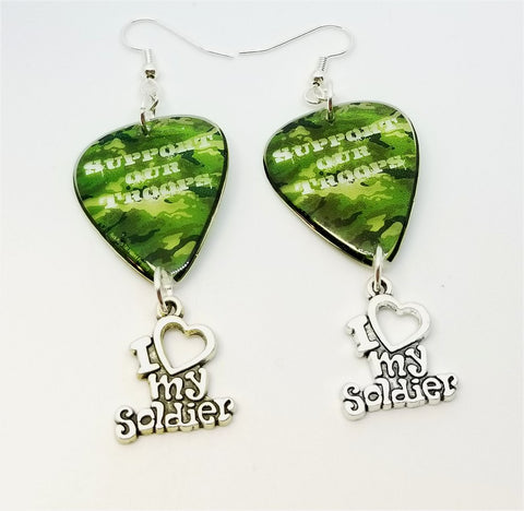 Support Our Troops Camo Guitar Pick Earrings with I Heart My Soldier Charm Dangles