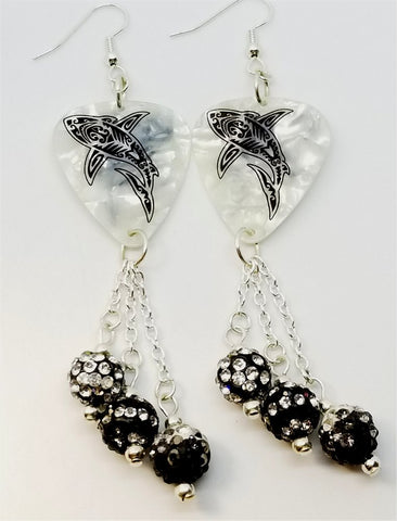 Tribal Shark White MOP Guitar Pick Earrings with Pave Bead Dangles