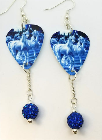 Unicorns in Blue Light Guitar Pick Earrings with Capri Blue Pave Bead Dangles