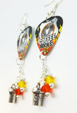 Coffee Rocks Guitar Pick Earrings with Coffee Cup Charm and Swarovski Crystal Dangles