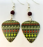 Green, Red and Off White Tribal Print Guitar Pick Earrings with Red Pave Beads