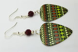 Green, Red and Off White Tribal Print Guitar Pick Earrings with Red Pave Beads