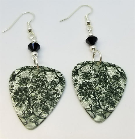 Black Lace Flowers Guitar Pick Earrings with Black Swarovski Crystals