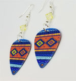 Orange and Blue Tribal Patterned Guitar Pick Earrings with Pale Yellow Swarovski Crystals