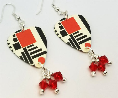 Red and Black Geometric Shapes Guitar Pick with Red Swarovski Crystal Dangles