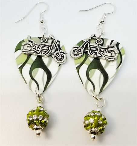 Green Hot Rod Flames Guitar Pick Earrings with Motorcycle Charm Overlay and Pave Bead Dangles