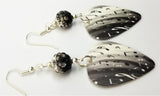 Black and White Music Notes Guitar Pick Earrings with Black Ombre Pave Beads