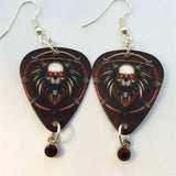 Skull on a Dark Red Background Guitar Pick Earrings with Red Crystal Charm Dangles