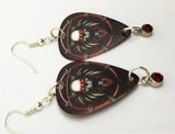 Skull on a Dark Red Background Guitar Pick Earrings with Red Crystal Charm Dangles